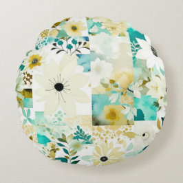 Söt FolkArt White och Turcoise Flowers Rund Kudde