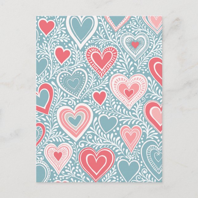 Söt folkblomma hjärta dammig blå rosa baby shower vykort (Framsida)