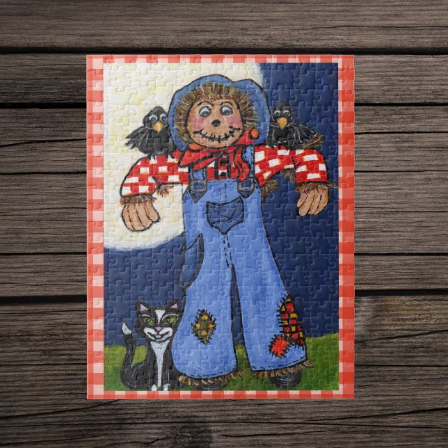 Söt folkkonst Fågelskrämman Katt Kråkor på Plaid Pussel (Cute scarecrow plain shirt overalls with cat and crows big moon plaid border jigsaw puzzle.)