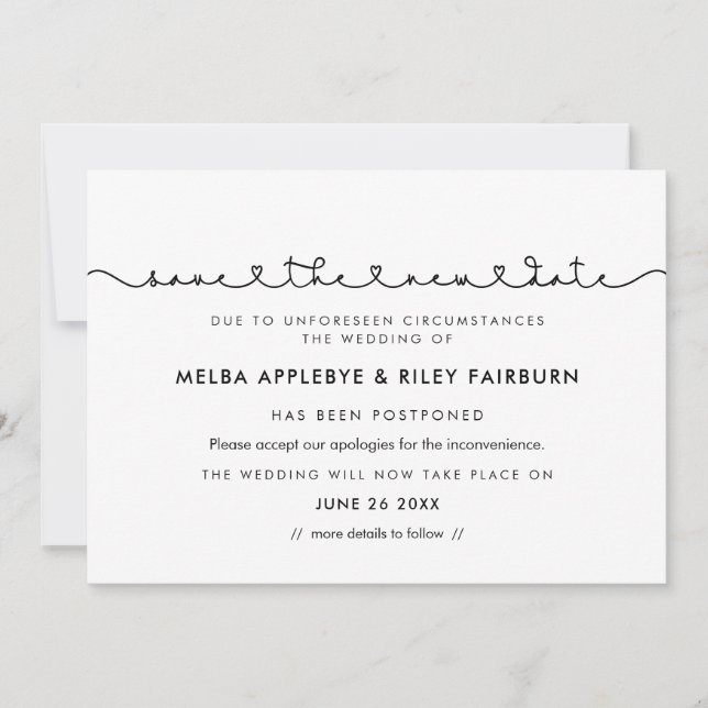 Söt font med hjärtan för att spara det nya datumet inbjudningar (Framsida)