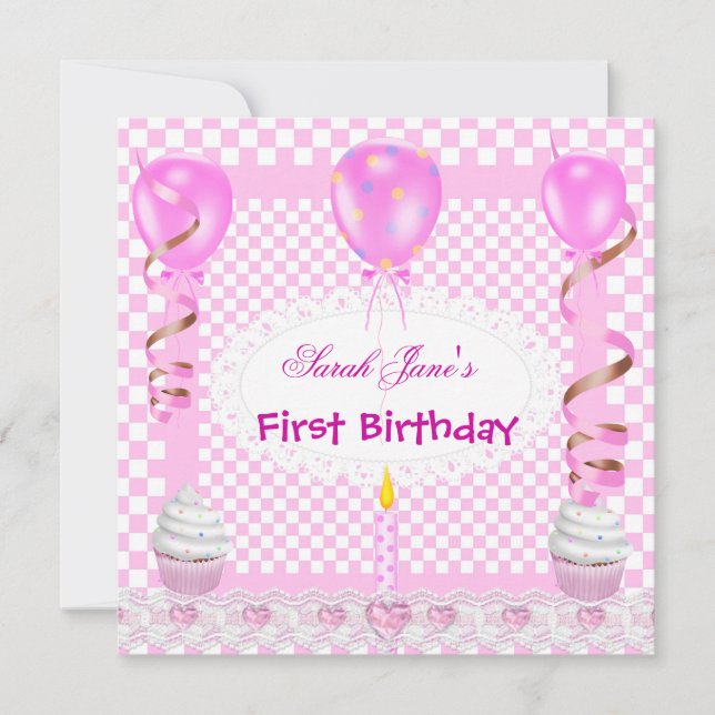 Söt Första Födelsedag 1:a Flicka Rosa Ballonger Cu Inbjudningar (Framsida)