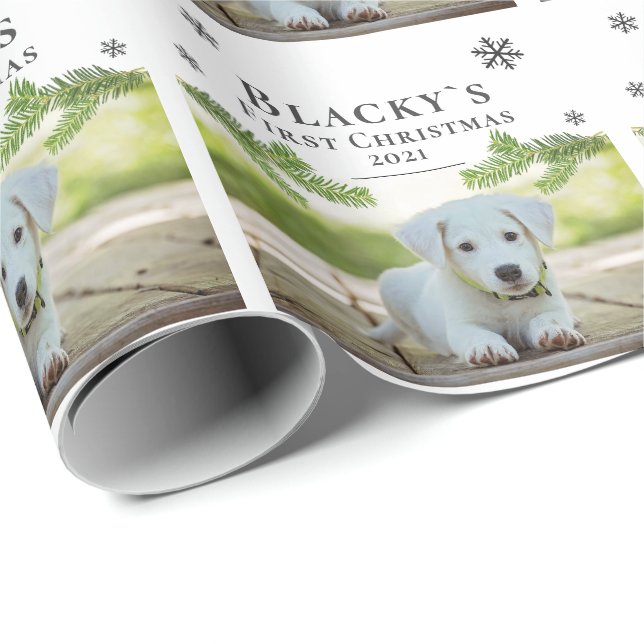 Söt första julgran valp hund fotobild presentpapper (Rullad Hörn)