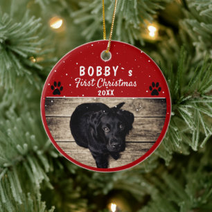Söt första valp jul tass röd hund foto julgransprydnad keramik