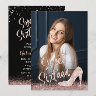 Söt foto 16 Modern Ro Guld Glitter Inbjudningar