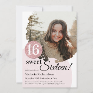 Söt foto från 16 födelsedagsmodern Rosa Glitter An Inbjudningar