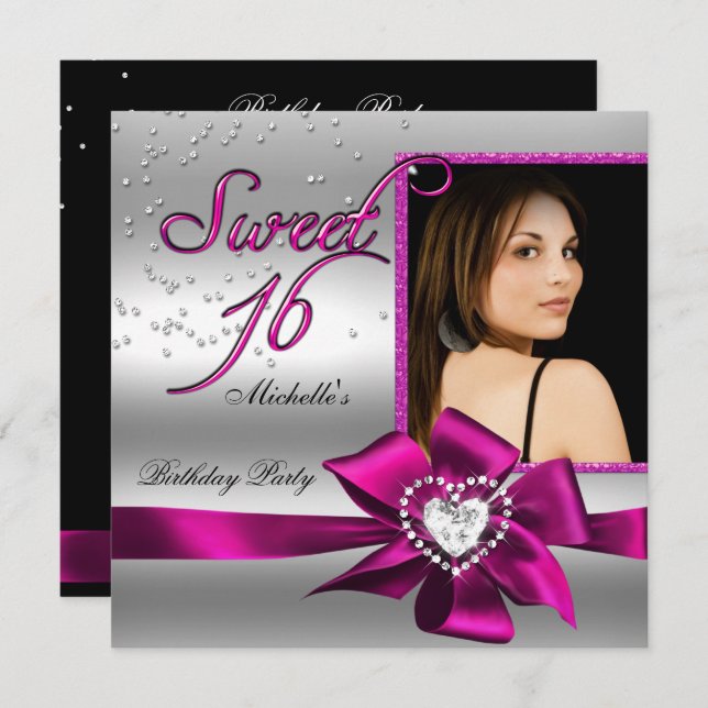 Söt foto med 16 Sweet sixteen Rosa Silver Inbjudningar (Fram/baksida)