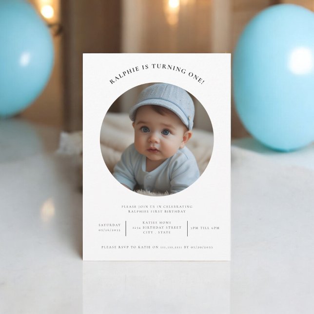 Söt foto - minimal första födelsedagsfest inbjudningar (modern simple elegant minimal,kids birthday invitation,boy girl children kids baby,)