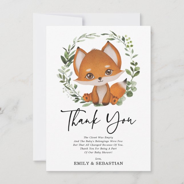 Söt Fox Greenery Forest Baby Shower födelsedag Tack Kort (Framsida)