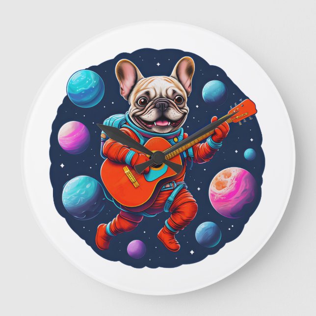 Söt fransk Bulldog-astronaut som spelar gitarr – K Stor Klocka (Framsida)