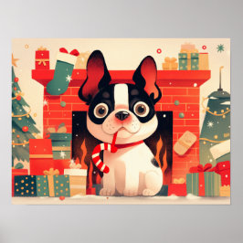 Söt fransk bulldog vid julbrandplatsen poster