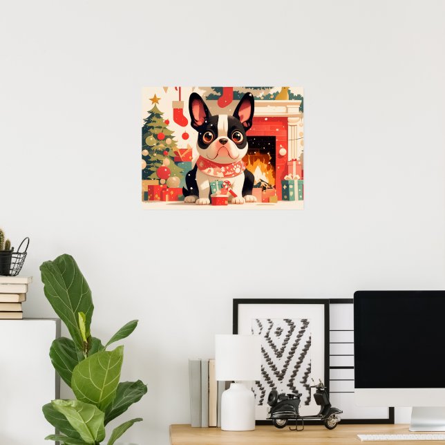 Söt fransk bulldog vid julbrandplatsen poster (Hemmakontoret)