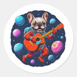 Söt fransk bulldogg-astronaut som spelar gitarr – runt klistermärke