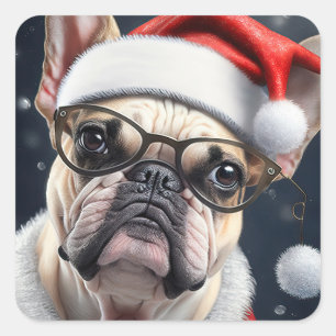 Söt fransk bulldogg jultomte julfirande design fyrkantigt klistermärke