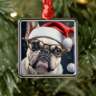 Söt fransk bulldogg jultomte julfirande design julgransprydnad metall