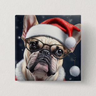Söt fransk bulldogg jultomte julfirande design knapp