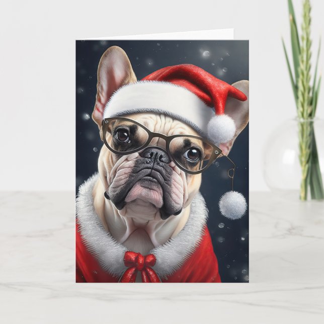 Söt fransk bulldogg jultomte julfirande design kort (Framsida)