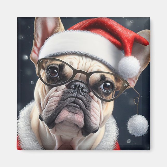Söt fransk bulldogg jultomte julfirande design magnet (Framsidan)