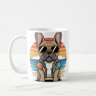 Söt fransk bulldogg som bär solglasögon kaffemugg