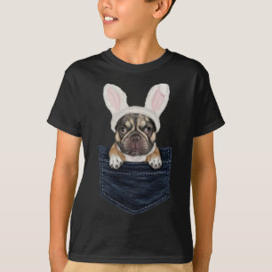 Söt fransk bulldogg-valp kaninhatt i fickan öst t shirt