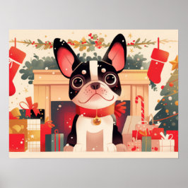 Söt fransk bulldogg vid julbrandplatsen poster