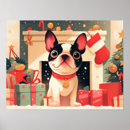 Söt fransk bulldogg vid julbrandplatsen poster