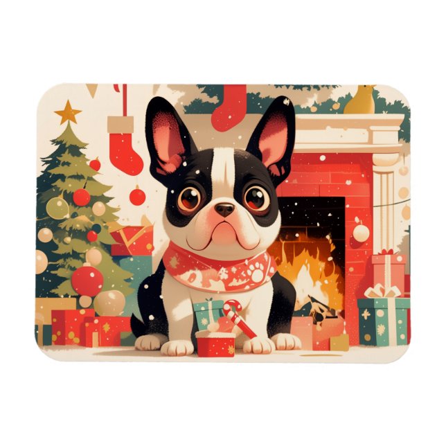Söt fransk bulldogg vid julbrasan magnet (Horisontell)