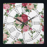 Söt Fransk Land Blommigt Fyrkantig Klocka<br><div class="desc">Lättbesprutning av Fransk land inspirerade rosa,  rött och vitt ro och grönt foliage genom att upprepa redigerbart mönster på genomskinlig bakgrund med romerska siffror. Alla grafikobjekt i inslag kan storleksändras,  roteras och flyttas.</div>