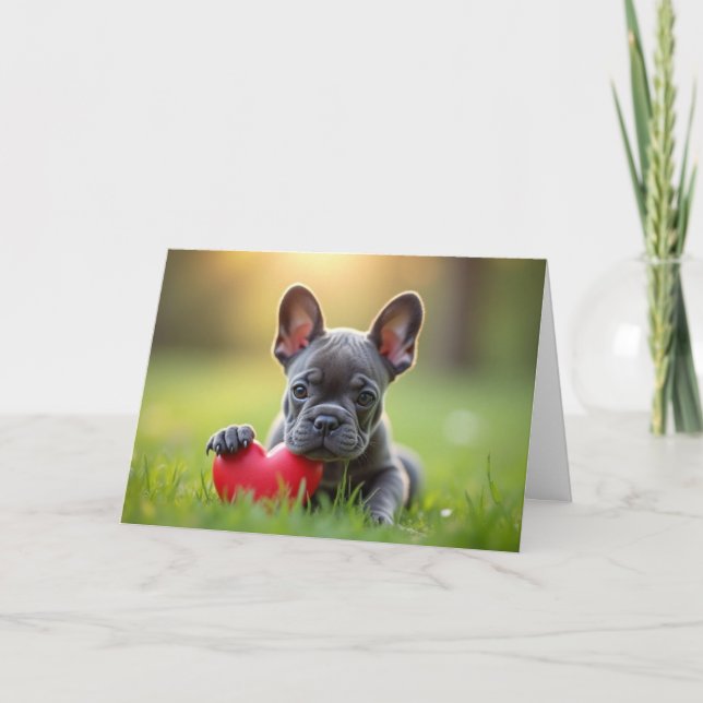 Söt fransk valentinbulldog helgkort (Framsida)