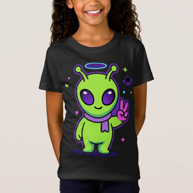 Söt Fredlig Utomjording Kawaii Rymd Utomjording T- T Shirt (Framsida)