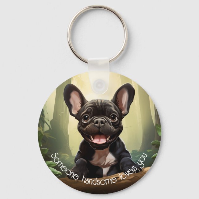 😍Söt Frenchie-valp i en skog Nyckelring (Framsida)