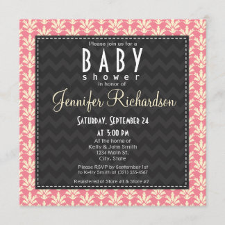 Söt fyrkantig rosa damaskmönster baby shower inbjudningar