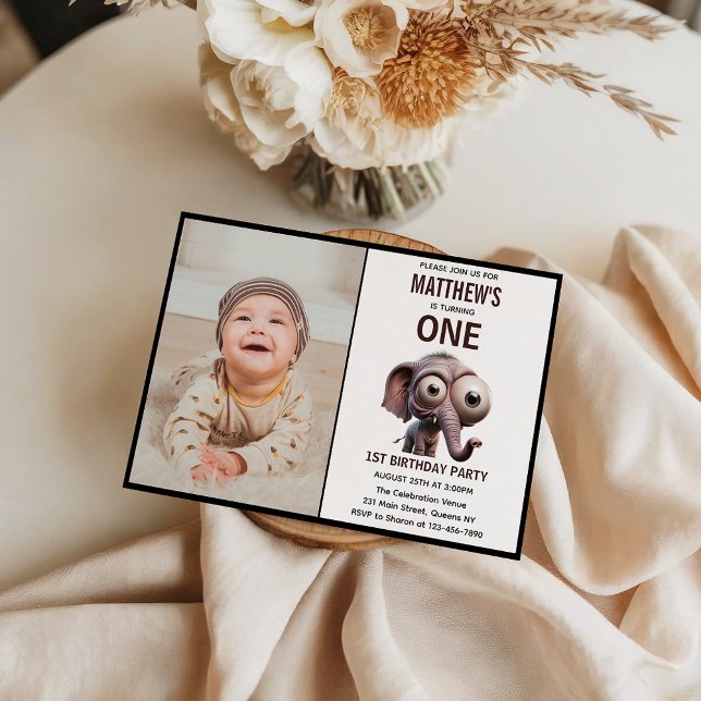 Söt galen elefant Bondgård Tema 1-års födelsedag Inbjudningar (Cute Crazy elephant Farm Theme 1st Birthday Invitation
)