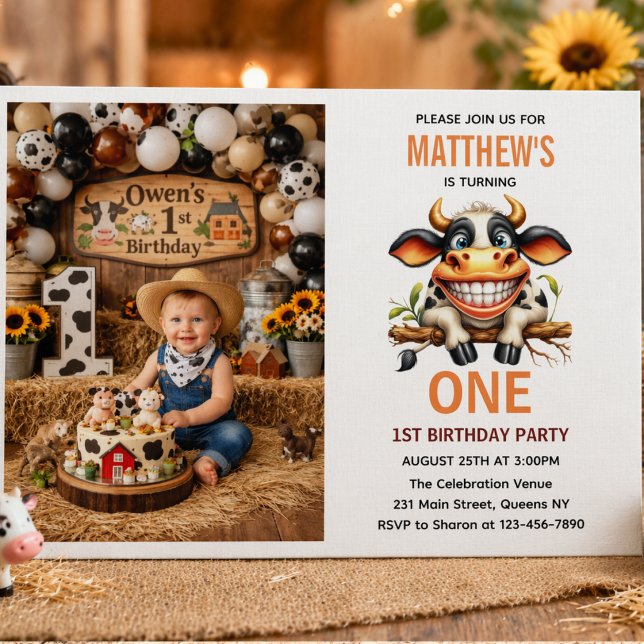Söt Galen Ko Gård Tema 1-års Födelsedag Inbjudningar (Cute Crazy Cow Farm Theme 1st Birthday Invitation
)