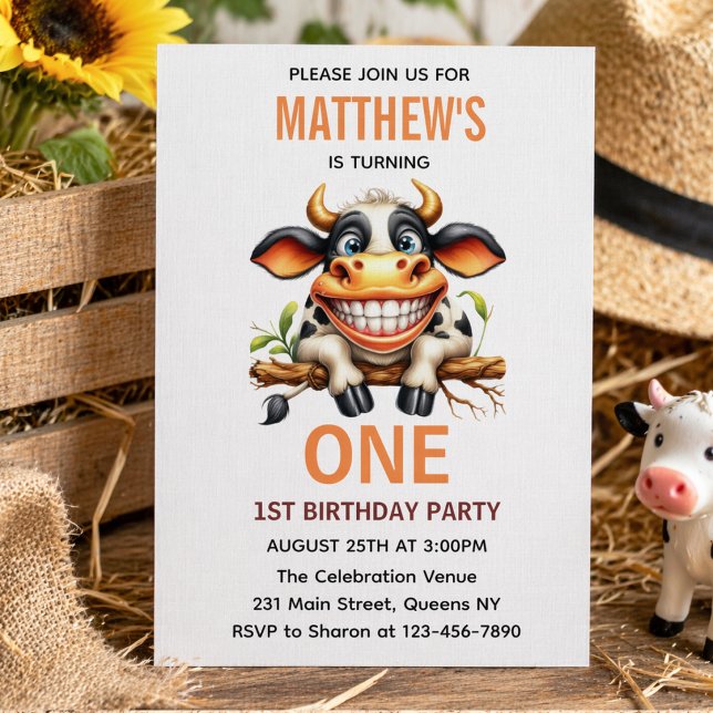Söt Galen Ko Gård Tema 1-års Födelsedag Inbjudningar (Cute Crazy Cow Farm Theme 1st Birthday Invitation
)