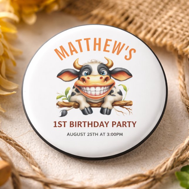 Söt galen ko gård tema 1-års födelsedag knapp (Cute Crazy Cow Farm Theme 1st Birthday Button
)