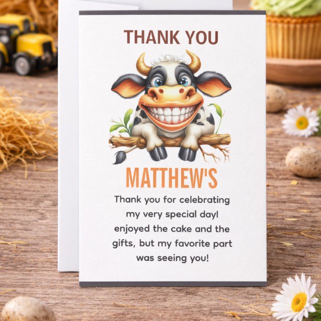 Söt galen ko gård tema 1-års födelsedag tack kort (Cute Crazy Cow Farm Theme 1st Birthday Thank You Card
)