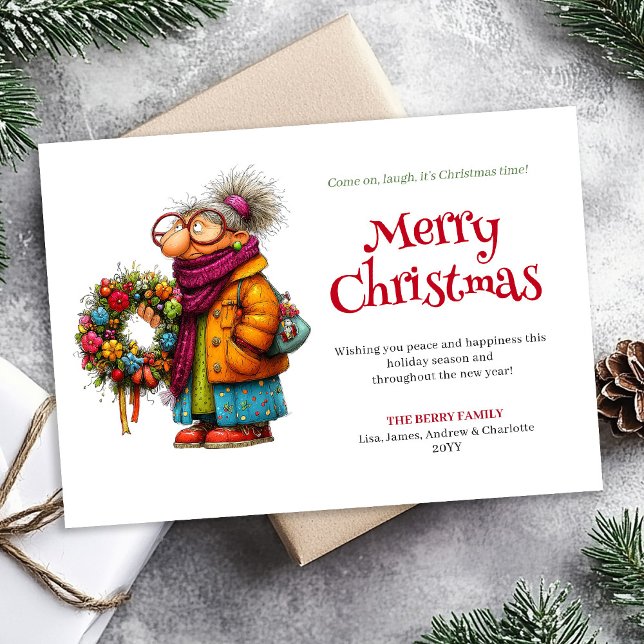 Söt galen kvinna julhälsning anpassad kort (Cute Crazy Woman Christmas Greeting Custom Card)