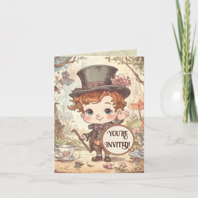 Söt Galna Hattaren Whimsical Wonderland Skogs Kons Inbjudan (Framsida)