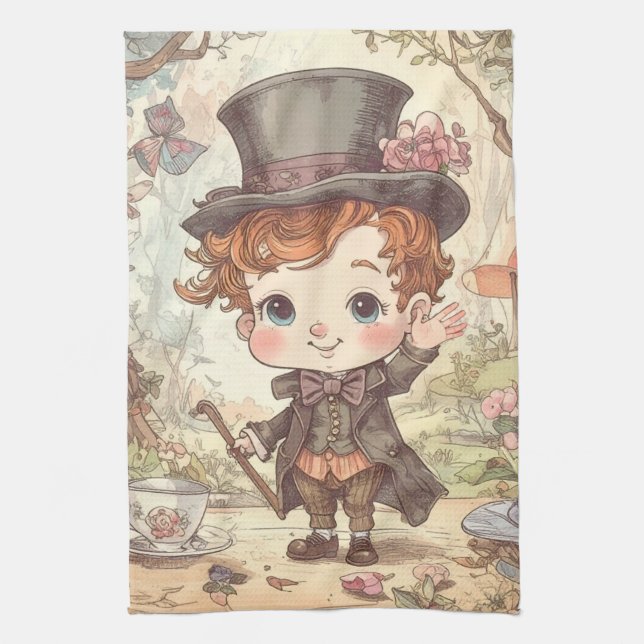 Söt Galna Hattaren Whimsical Wonderland Skogs Kons Kökshandduk (Vertikal)