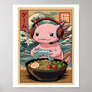Söt Gamer Axolotl Ramen Japansk Spelmat Konst Poster
