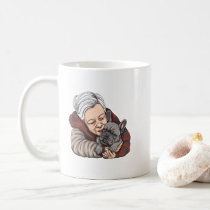 Söt gammal kvinna och fransk bulldog tecknad portr kaffemugg