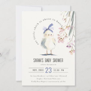 Söt gård Chick Vattenfärg Blommig Baby Shower Inbjudningar