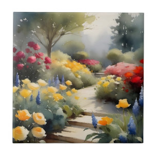 Söt Garden med rött gul ros blåa blommor Kakelplatta