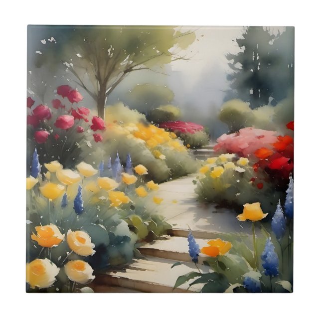 Söt Garden med rött gul ros blåa blommor Kakelplatta (Framsidan)
