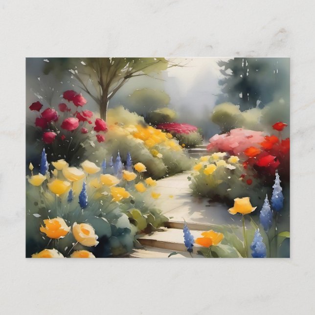Söt Garden med rött gul ros blåa blommor Vykort (Framsida)