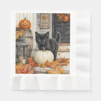 Söt gårdshus svart katt och pumpa Halloween Pappersservett