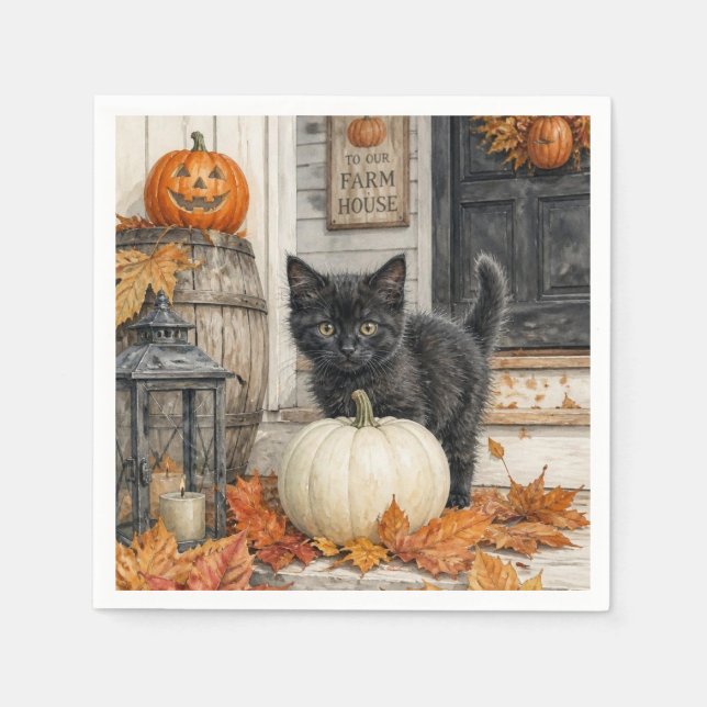 Söt gårdshus svart katt och pumpa Halloween Pappersservett (Framsidan)