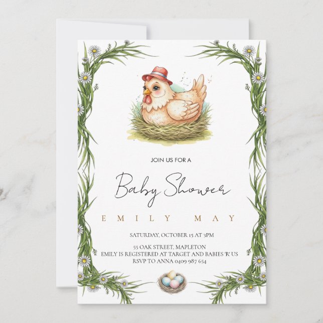 Söt gårdskyckling baby shower  inbjudningar (Framsida)