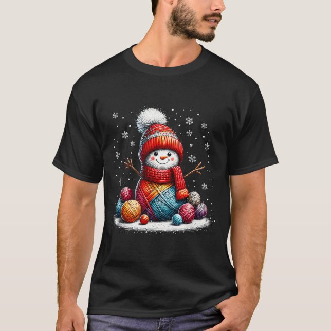 Söt garn snöman quilter jul virka stickning t shirt (Framsida)