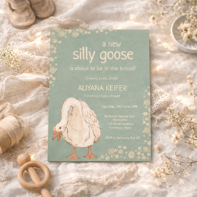 Söt Gås Minimal Boho Grön Bebis-fest Inbjudningar (Skapare uppladdad)